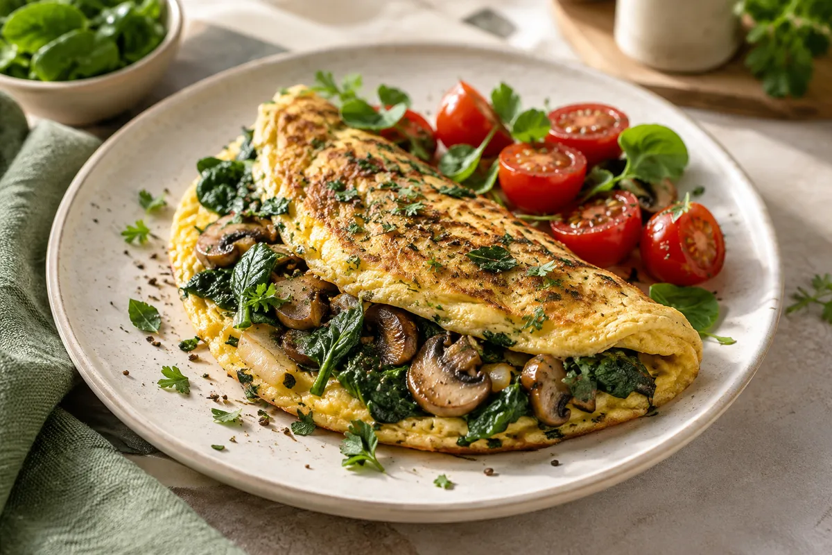 Illustrative mushroom and spinach omelette with tomatoes