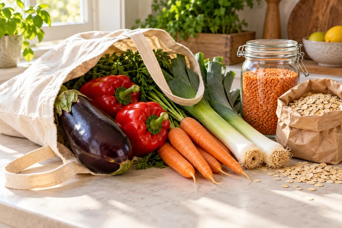 Illustrative grocery bag with fresh vegetables, lentils and oats