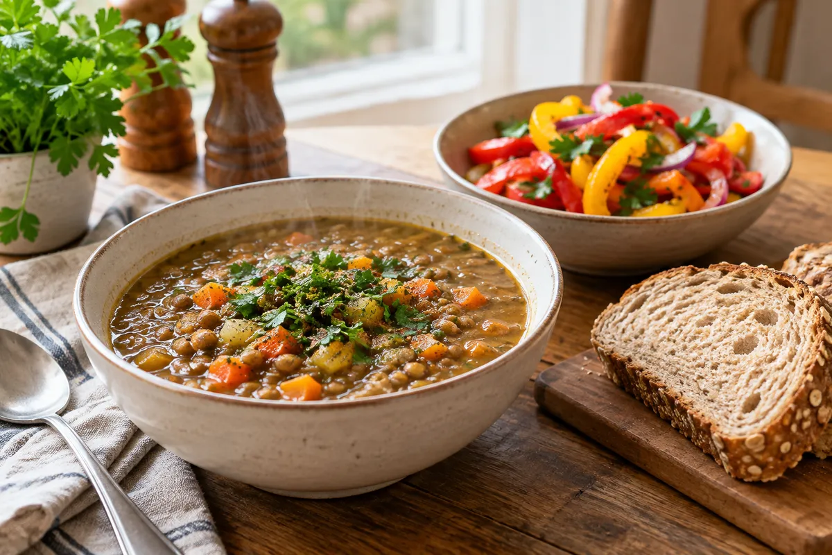 Illustrative lentil soup with wholemeal bread and pepper salad