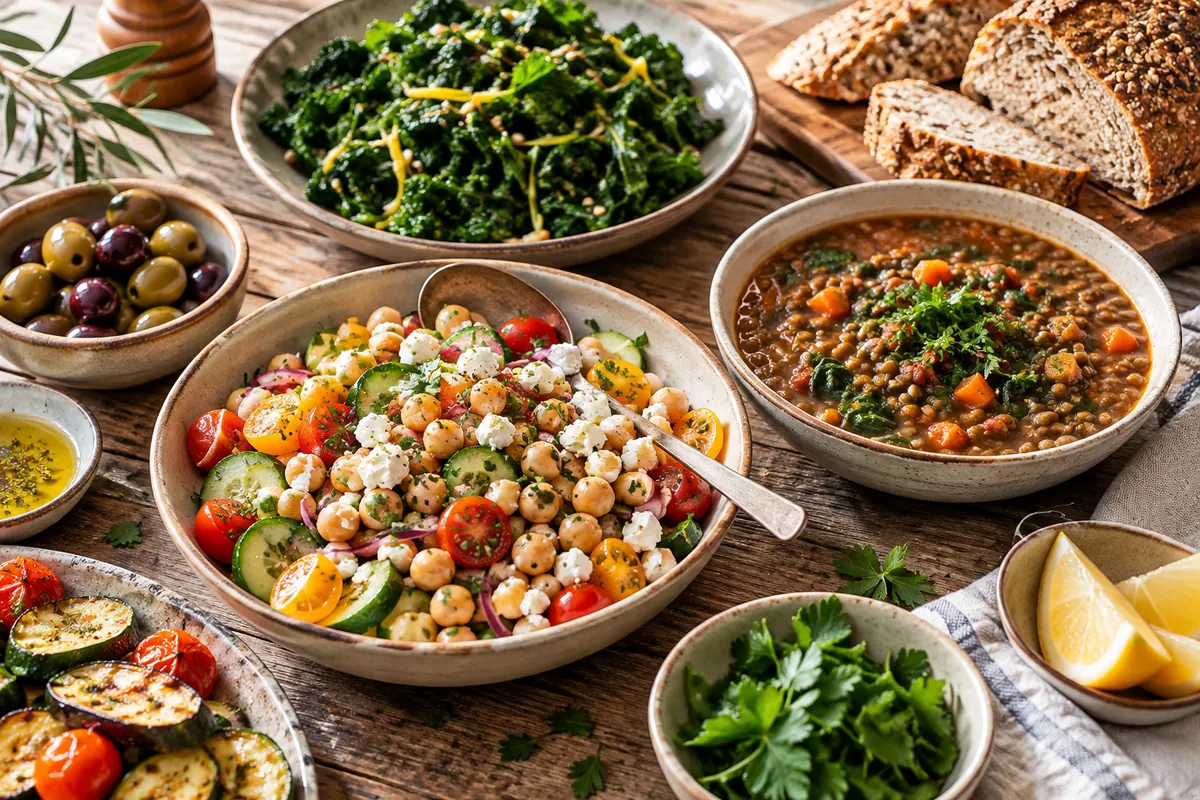 Illustrative vegetarian spread with pulses, vegetables and wholegrain bread