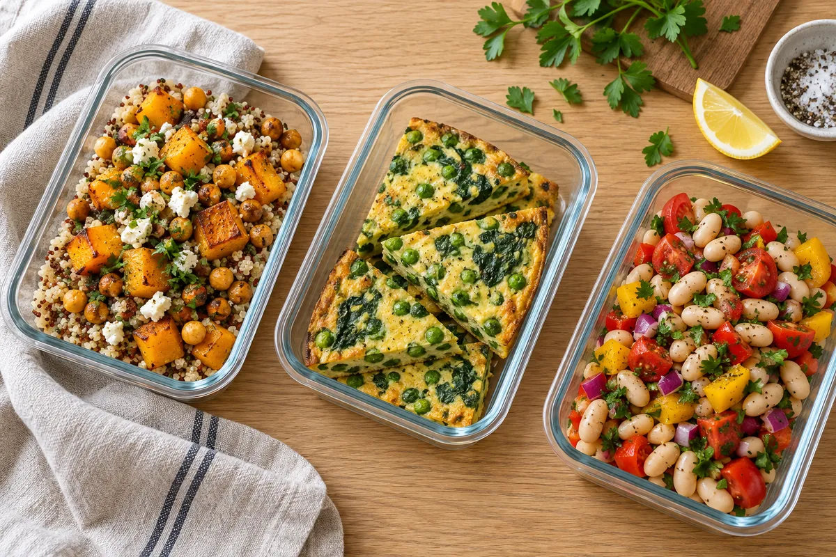 Illustrative selection of vegetarian lunches in glass containers
