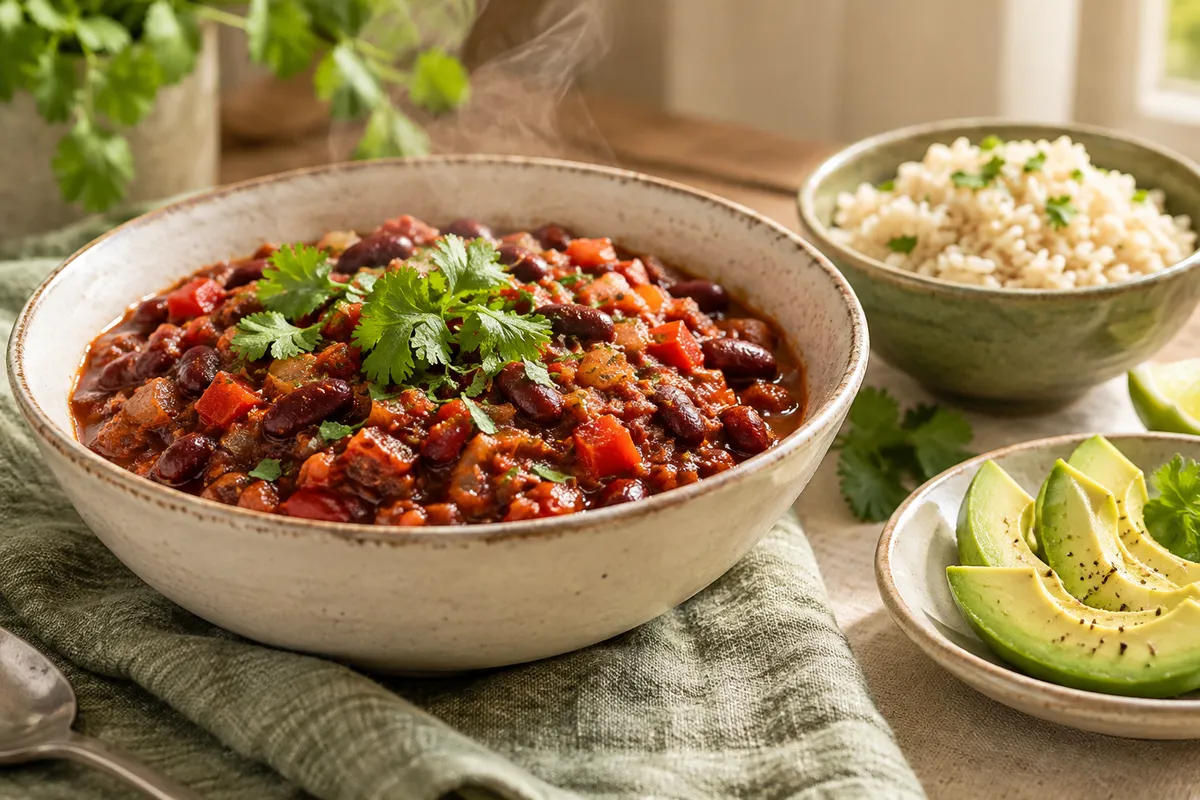 Illustrative vegetarian bean chilli with rice and avocado