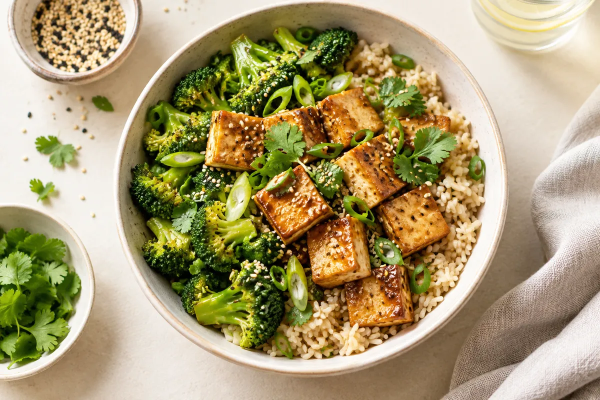 Illustrative tofu, broccoli and brown rice bowl