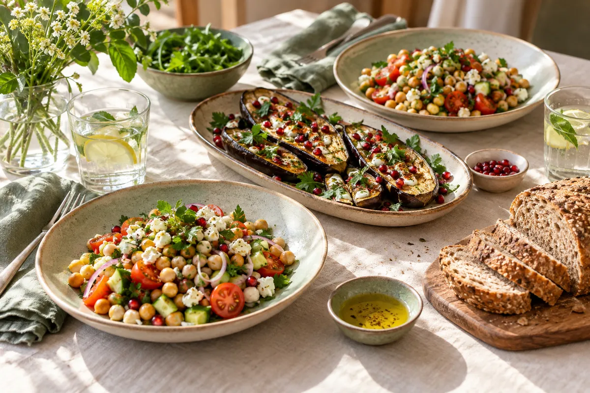 Illustrative vegetarian lunch table with chickpeas, roasted aubergine and wholegrain bread