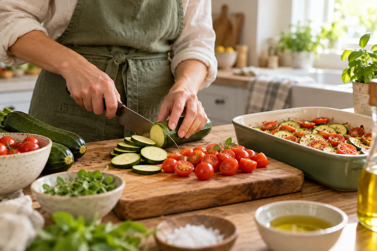 Illustrative vegetarian cook preparing courgettes and tomatoes
