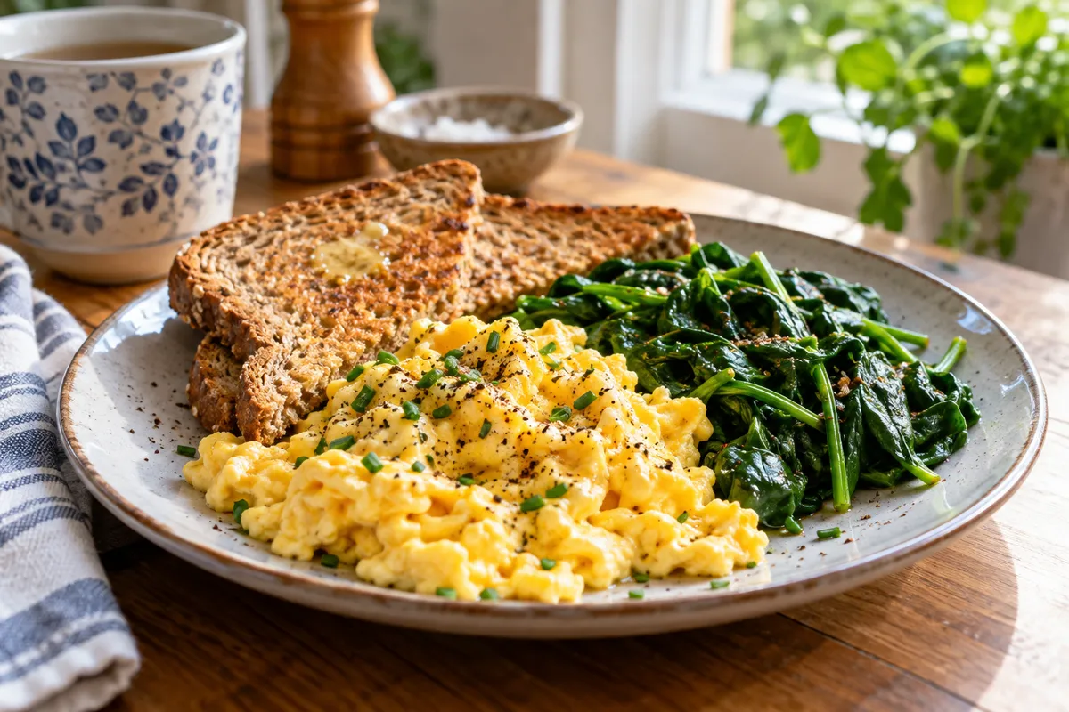 Illustrative scrambled eggs with wholemeal toast and spinach