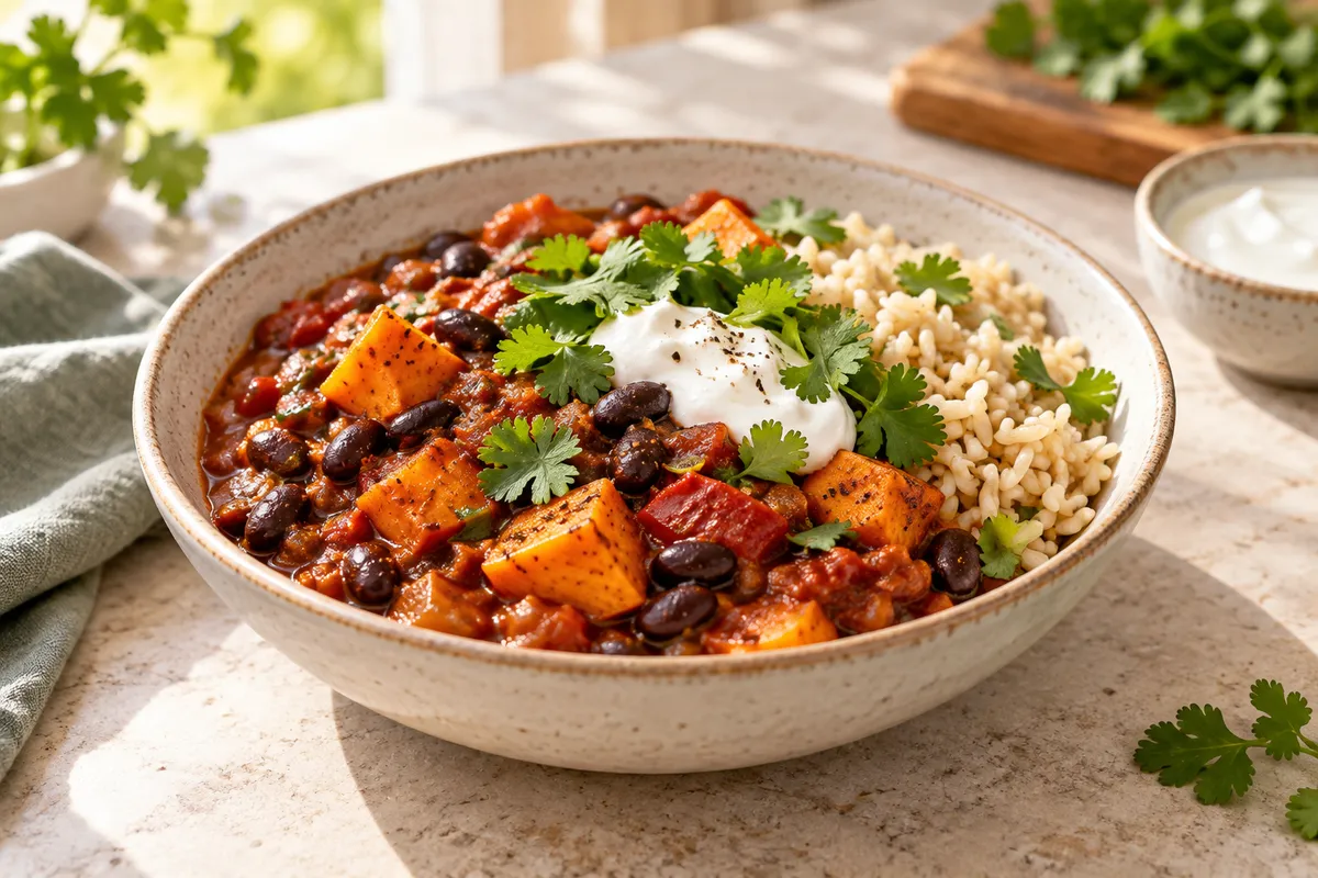 Illustrative black bean and sweet potato chilli with brown rice