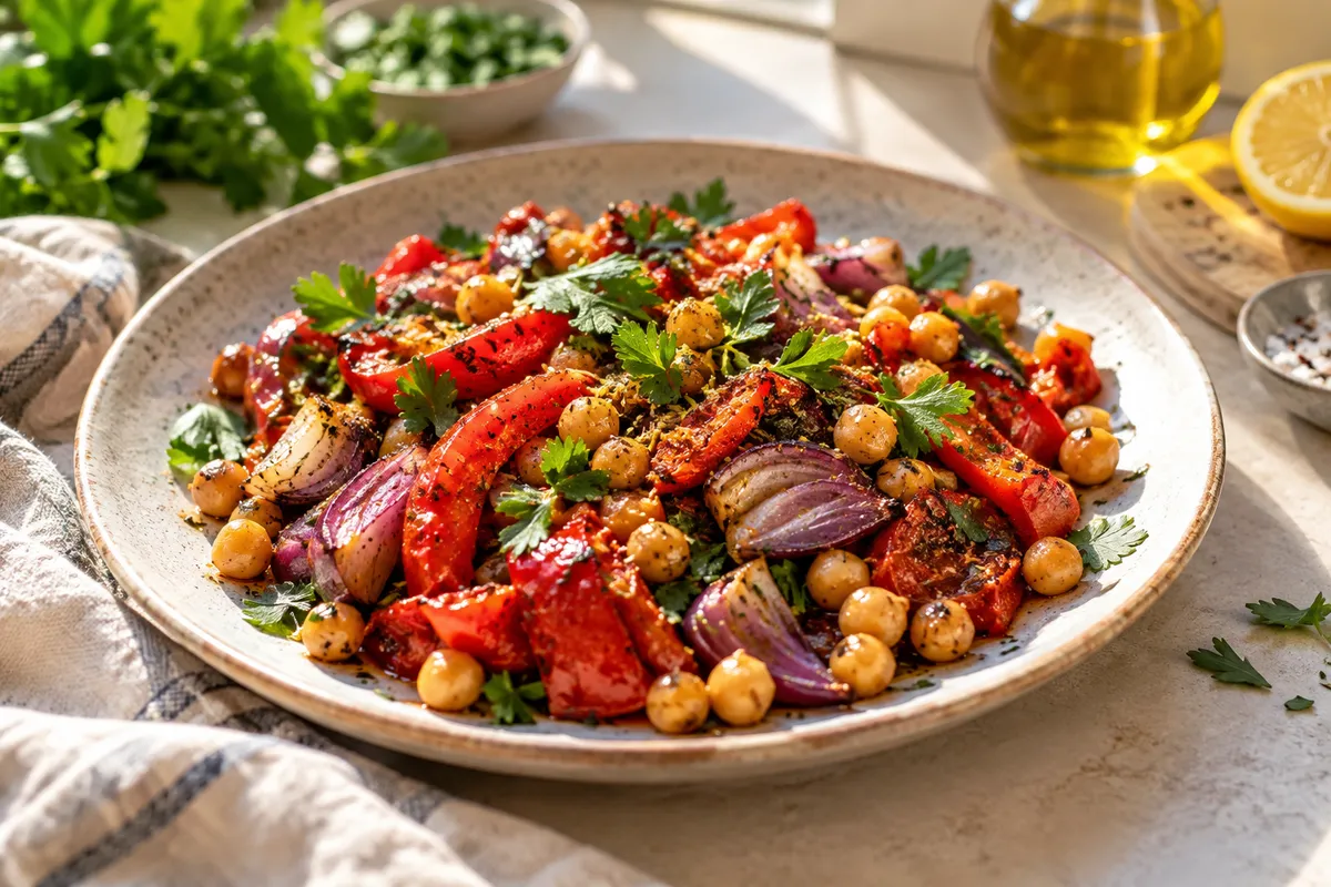 Illustrative chickpea and roasted pepper traybake